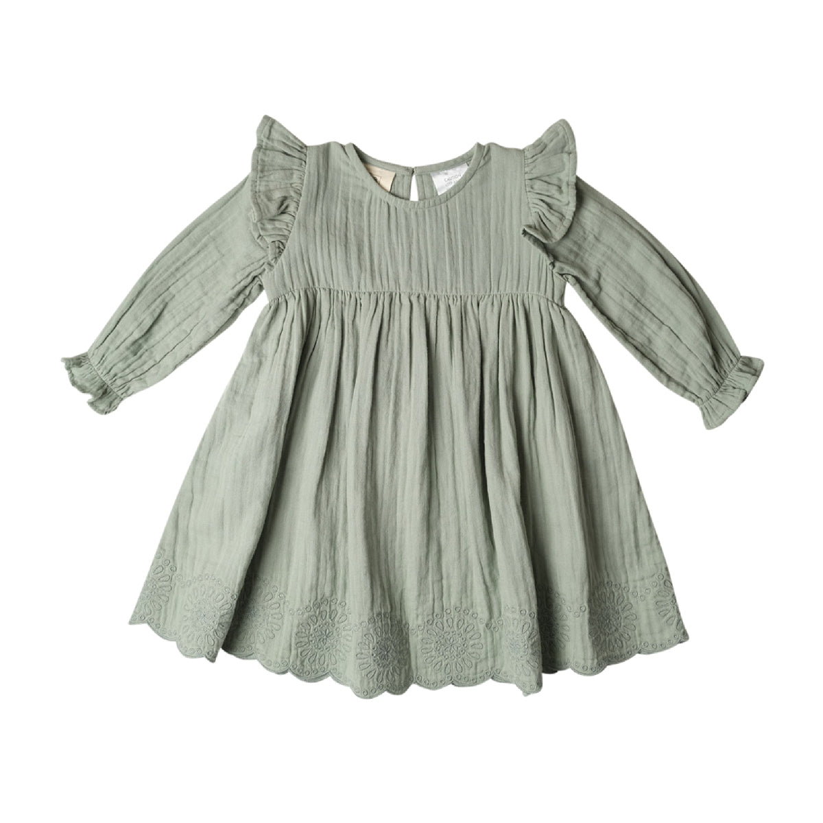 Green dress with ruffled sleeves on a white background