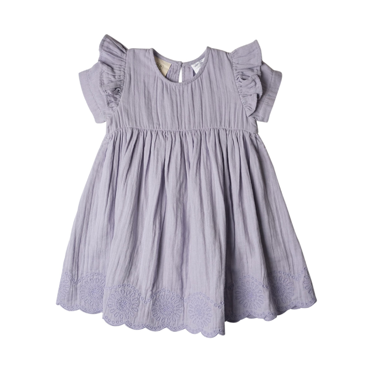 Light purple dress with ruffled sleeves on a white background