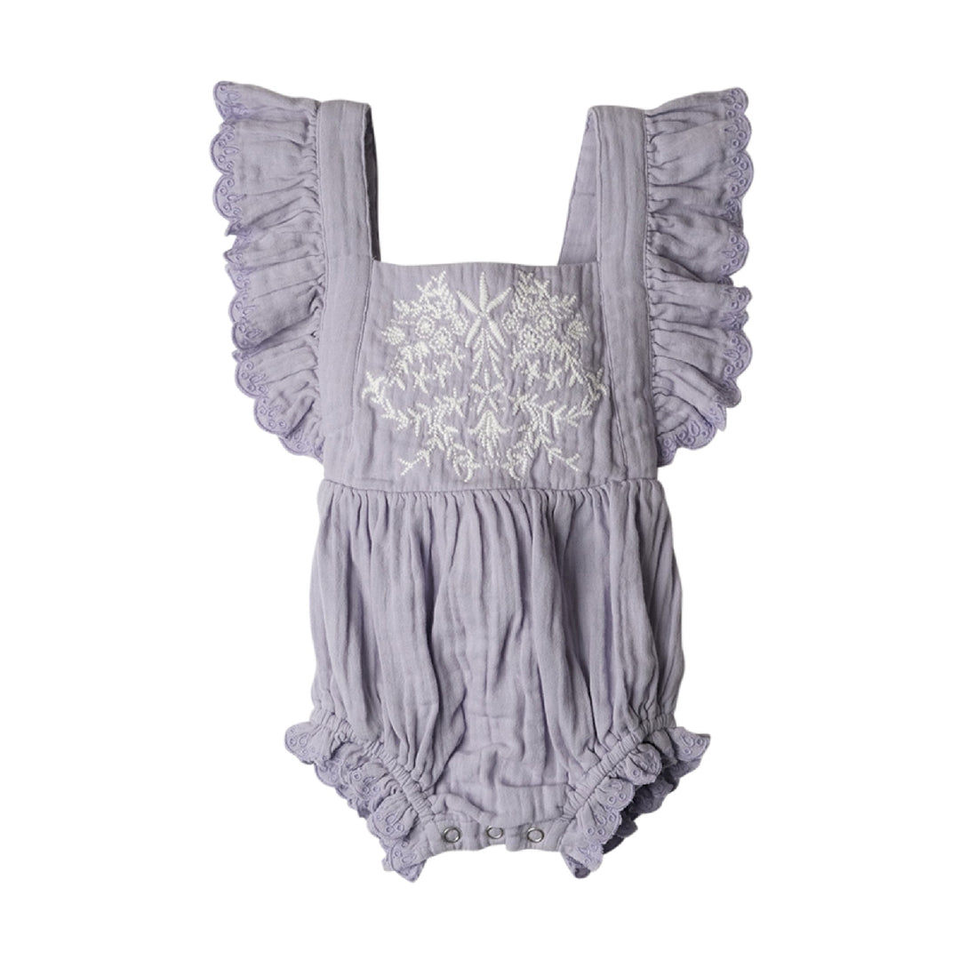 Gray baby romper with floral embroidery and ruffled straps on a white background