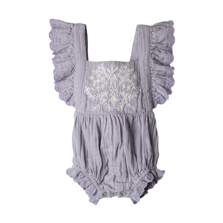Gray baby romper with floral embroidery and ruffled straps on a white background