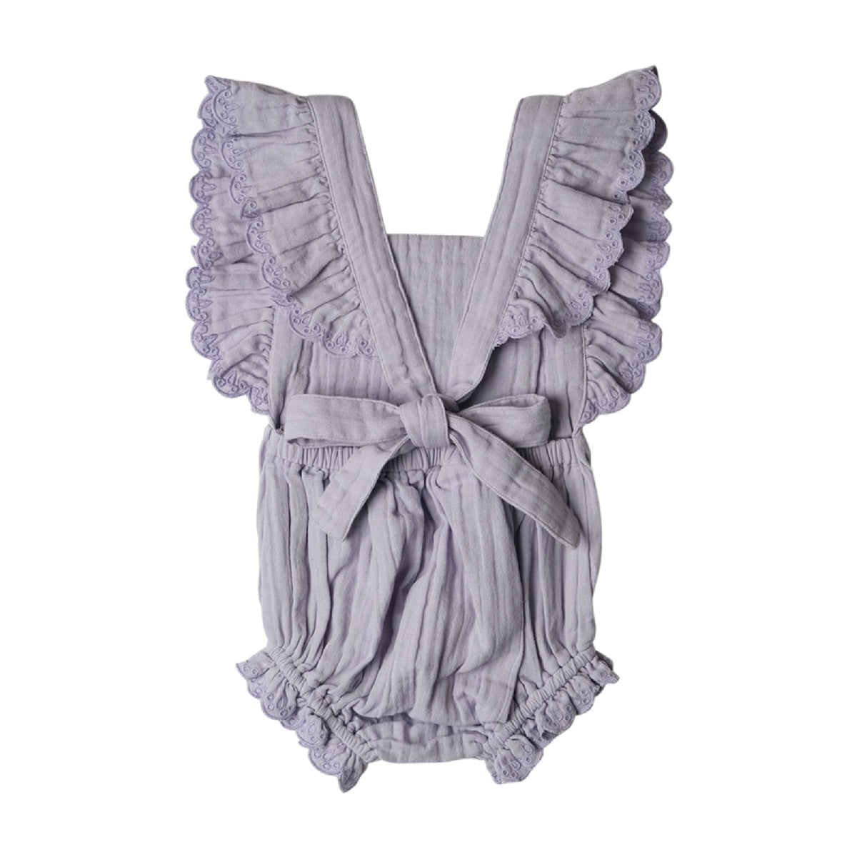 Gray baby romper with ruffled details on a white background