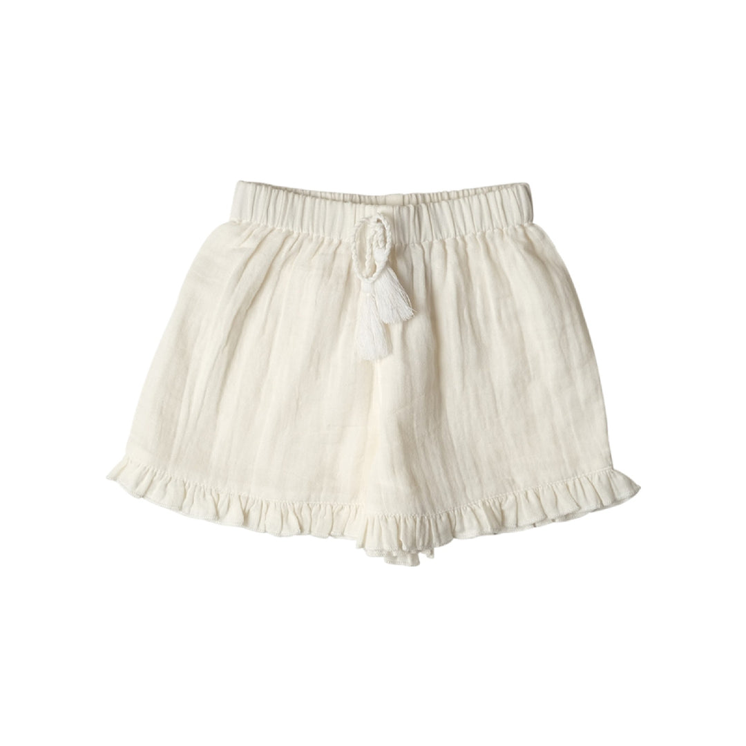 White shorts with a tie detail on a white background