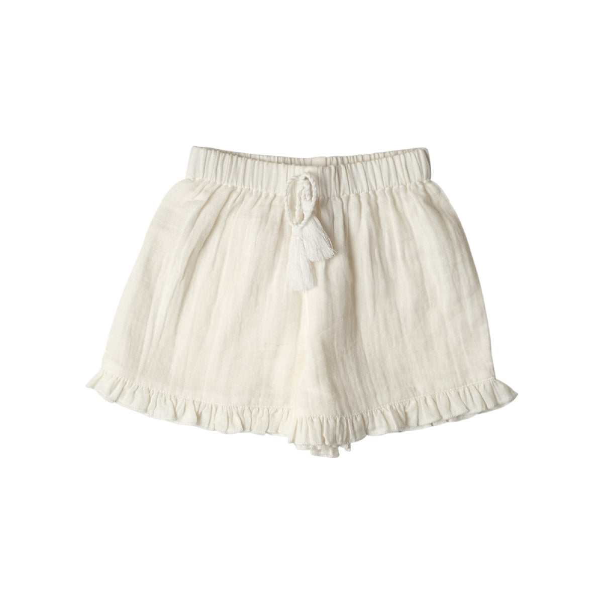 White shorts with a tie detail on a white background