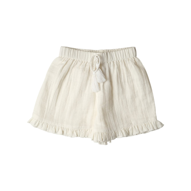 White shorts with a tie detail on a white background