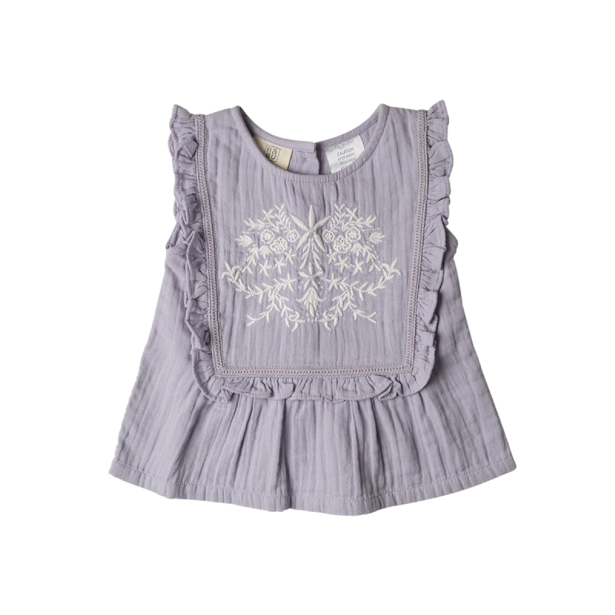 Light purple sleeveless top with ruffles and floral embroidery on a white background