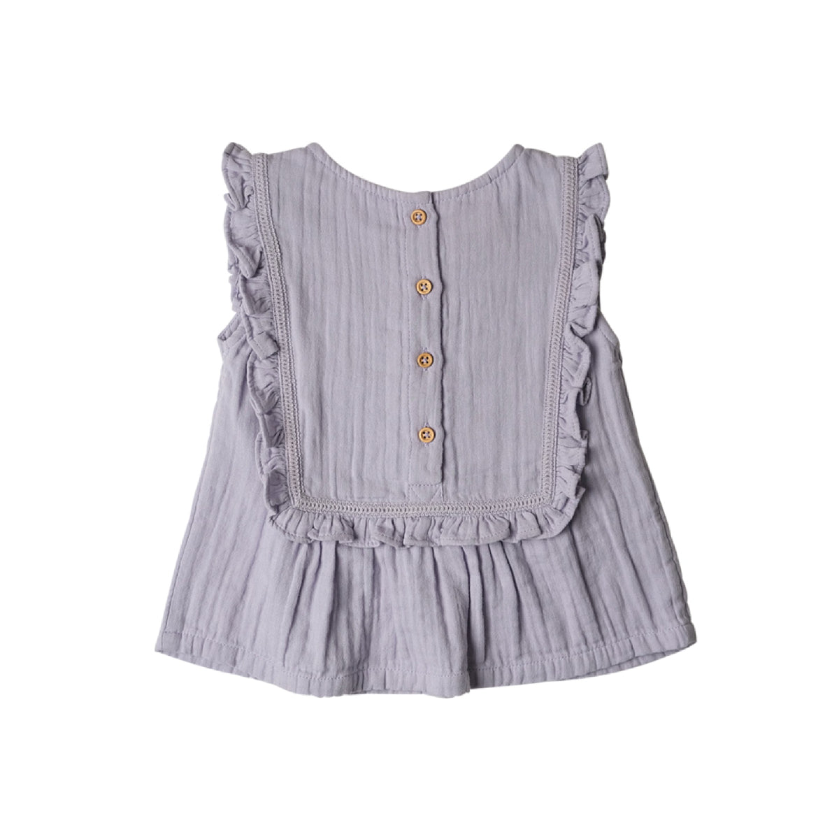 Light blue striped baby romper with ruffled details on a white background