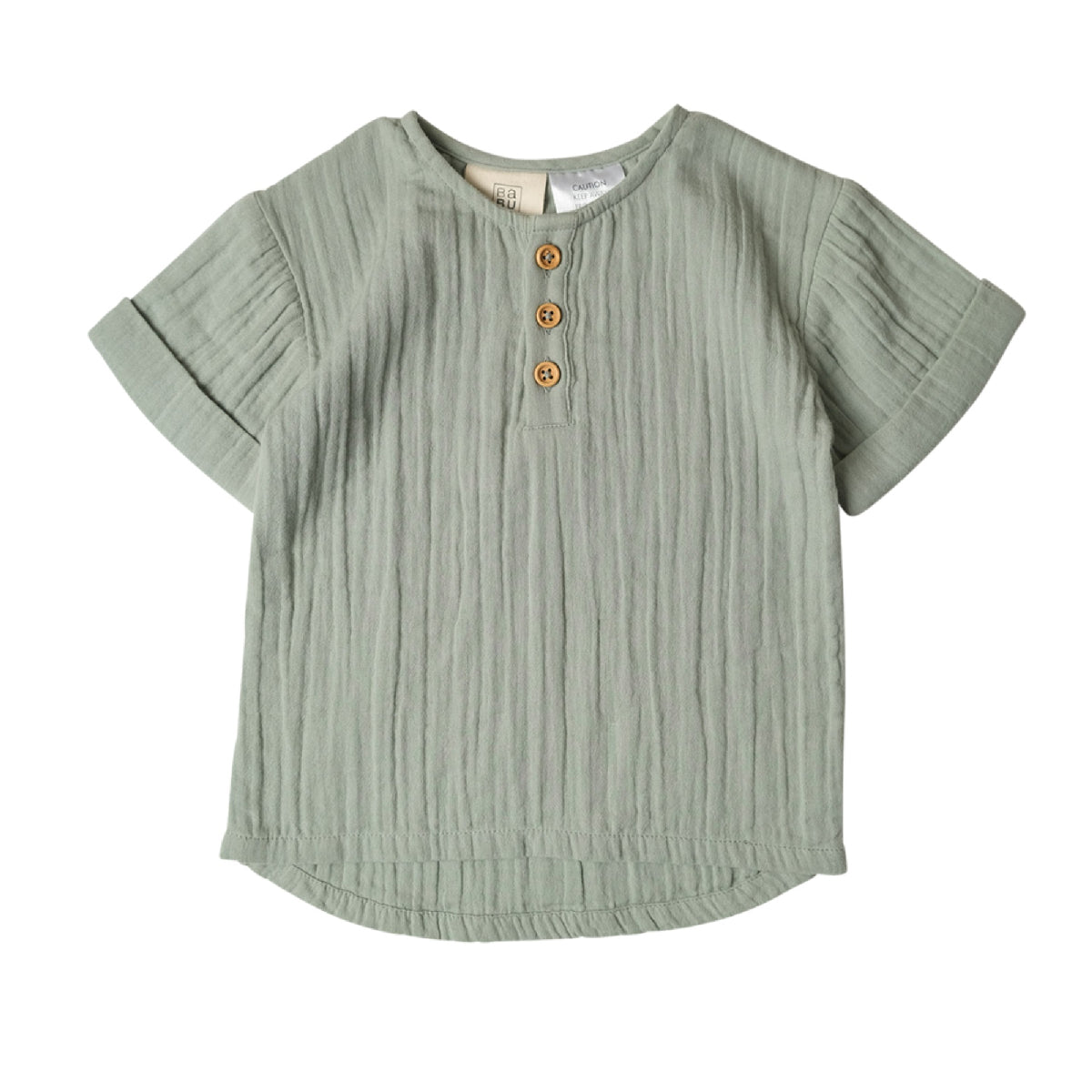 Green ribbed shirt with button details on a white background