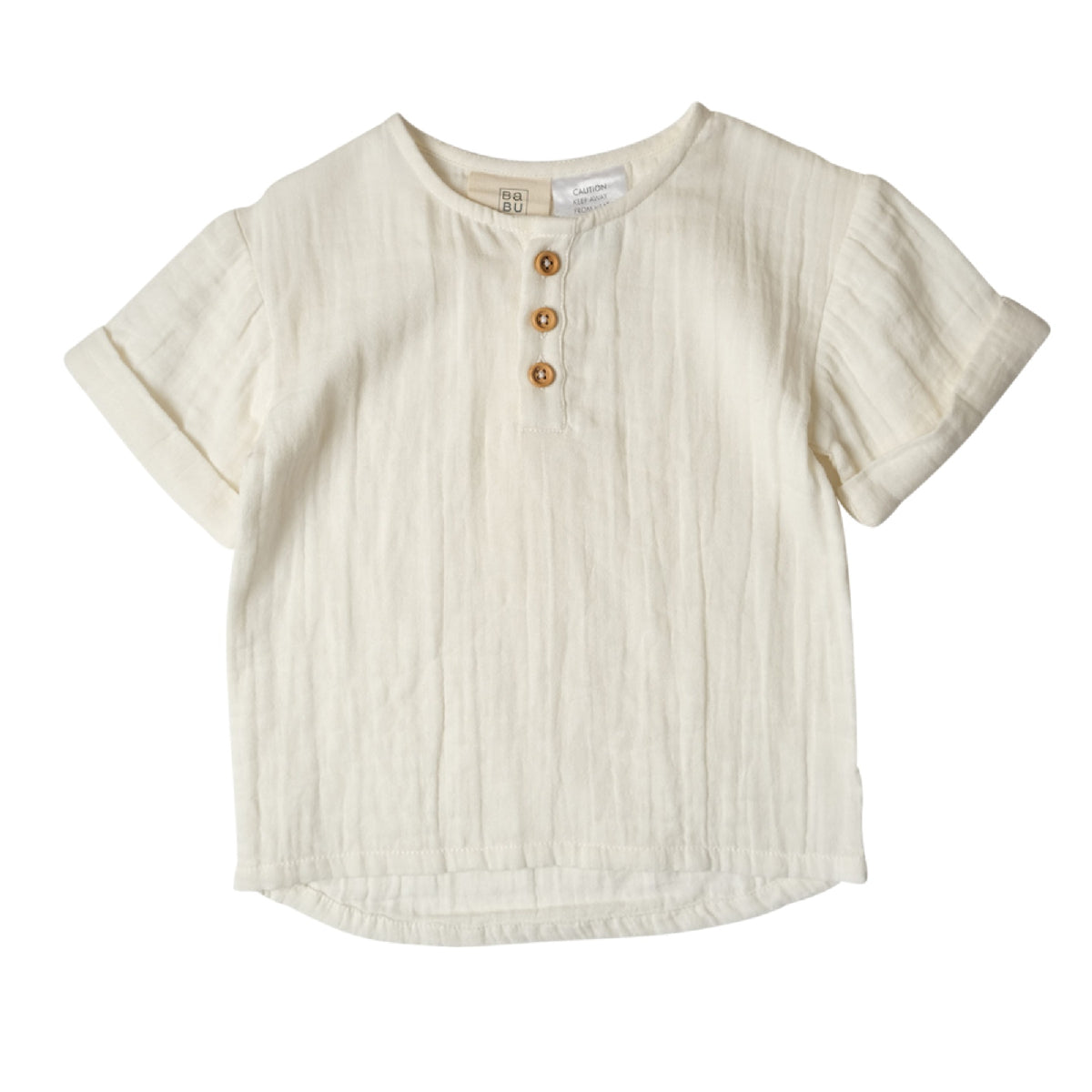 Beige short-sleeve shirt with button details on a white background