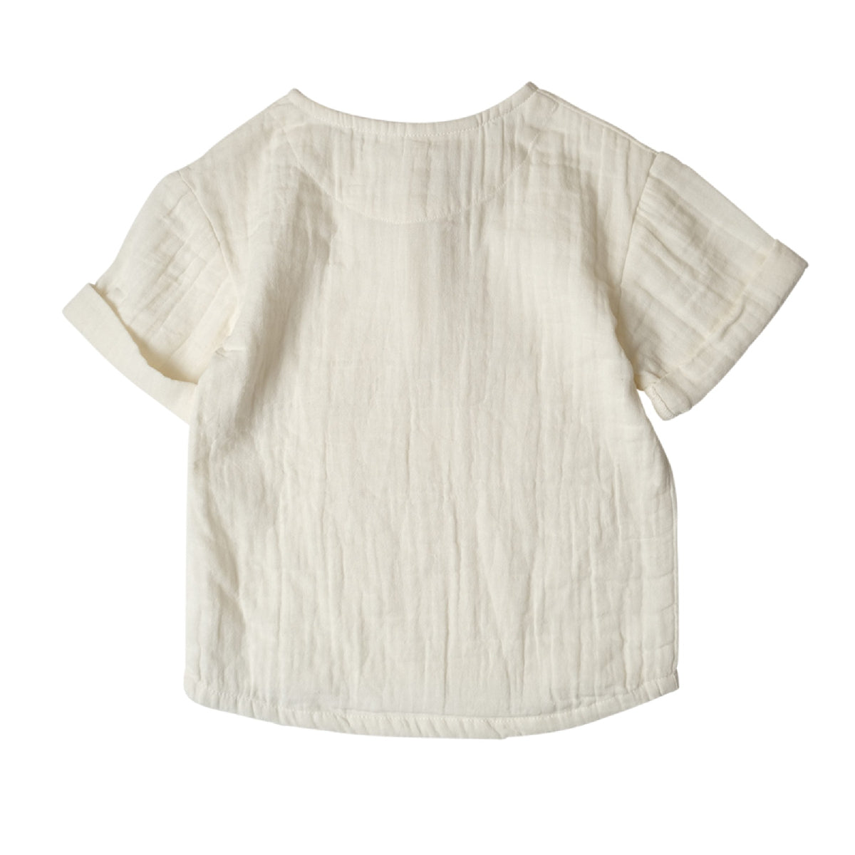 Back view of a textured beige shirt on a white background