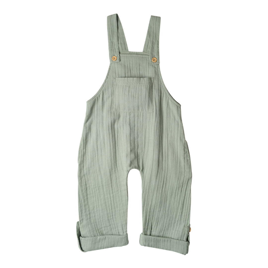 Green ribbed overalls on a white background