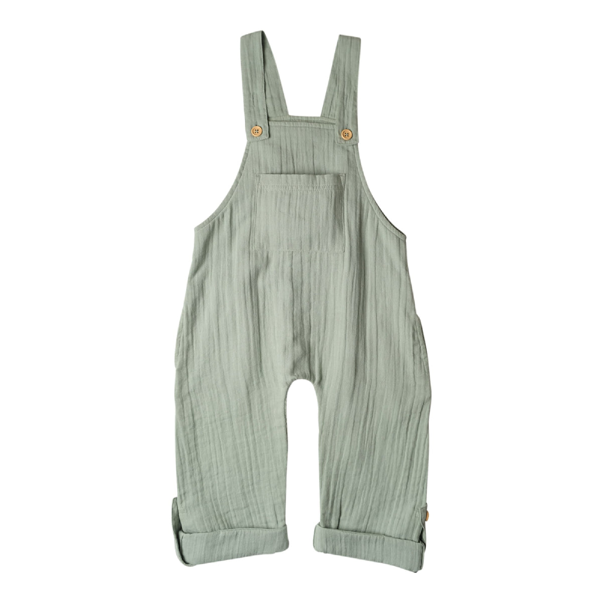 Green ribbed overalls on a white background