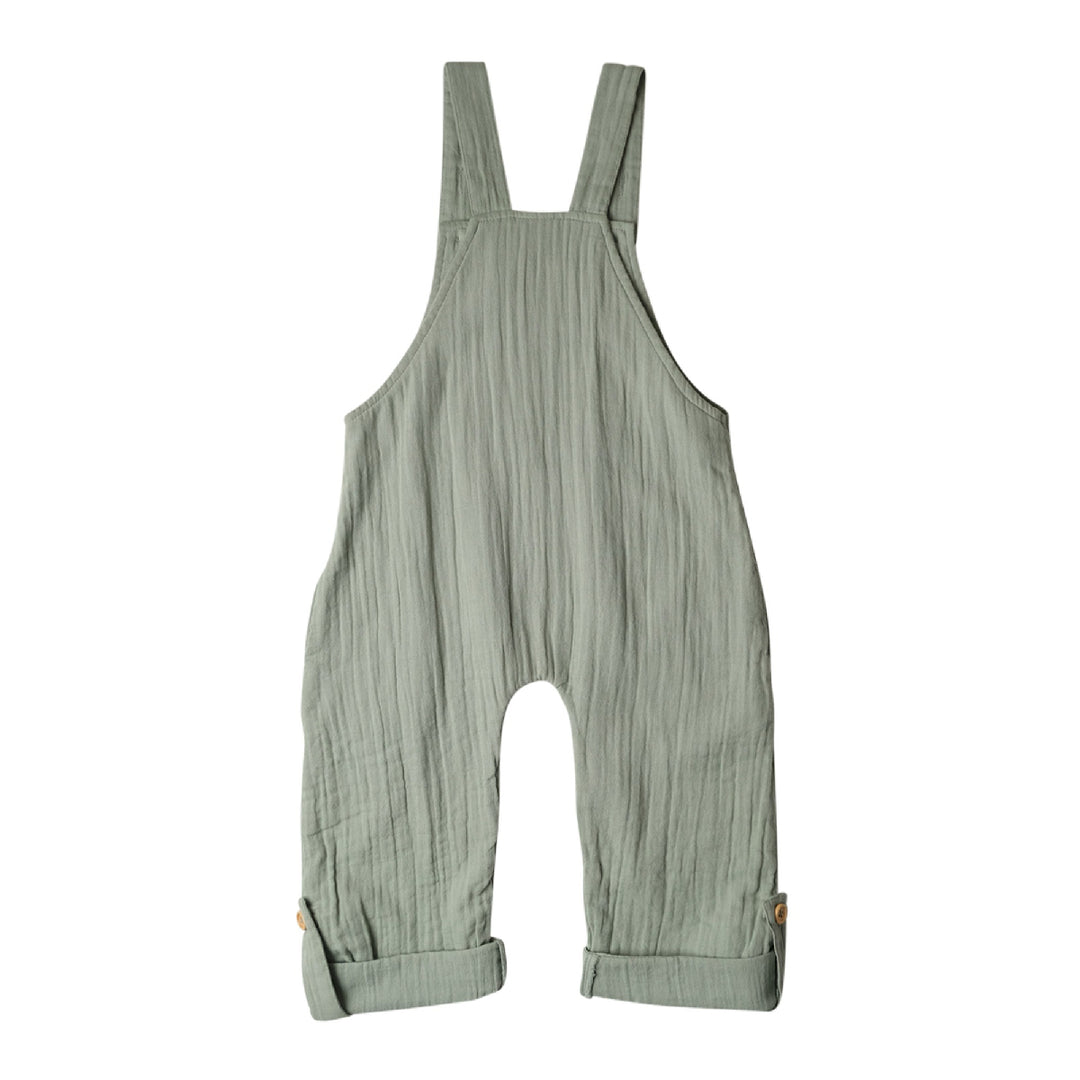 Green ribbed overalls on a white background