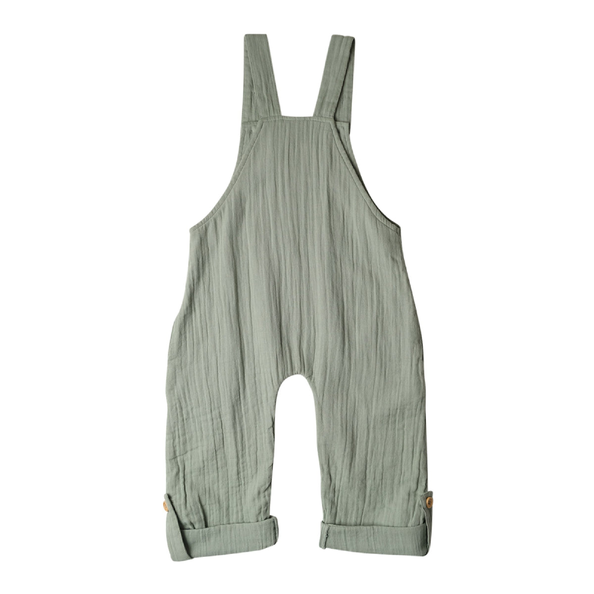 Green ribbed overalls on a white background