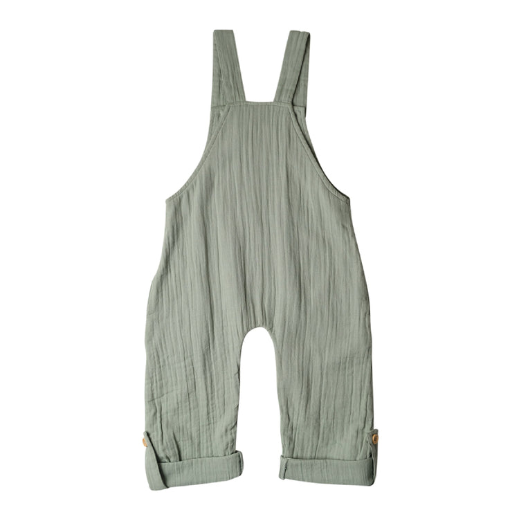 Green ribbed overalls on a white background