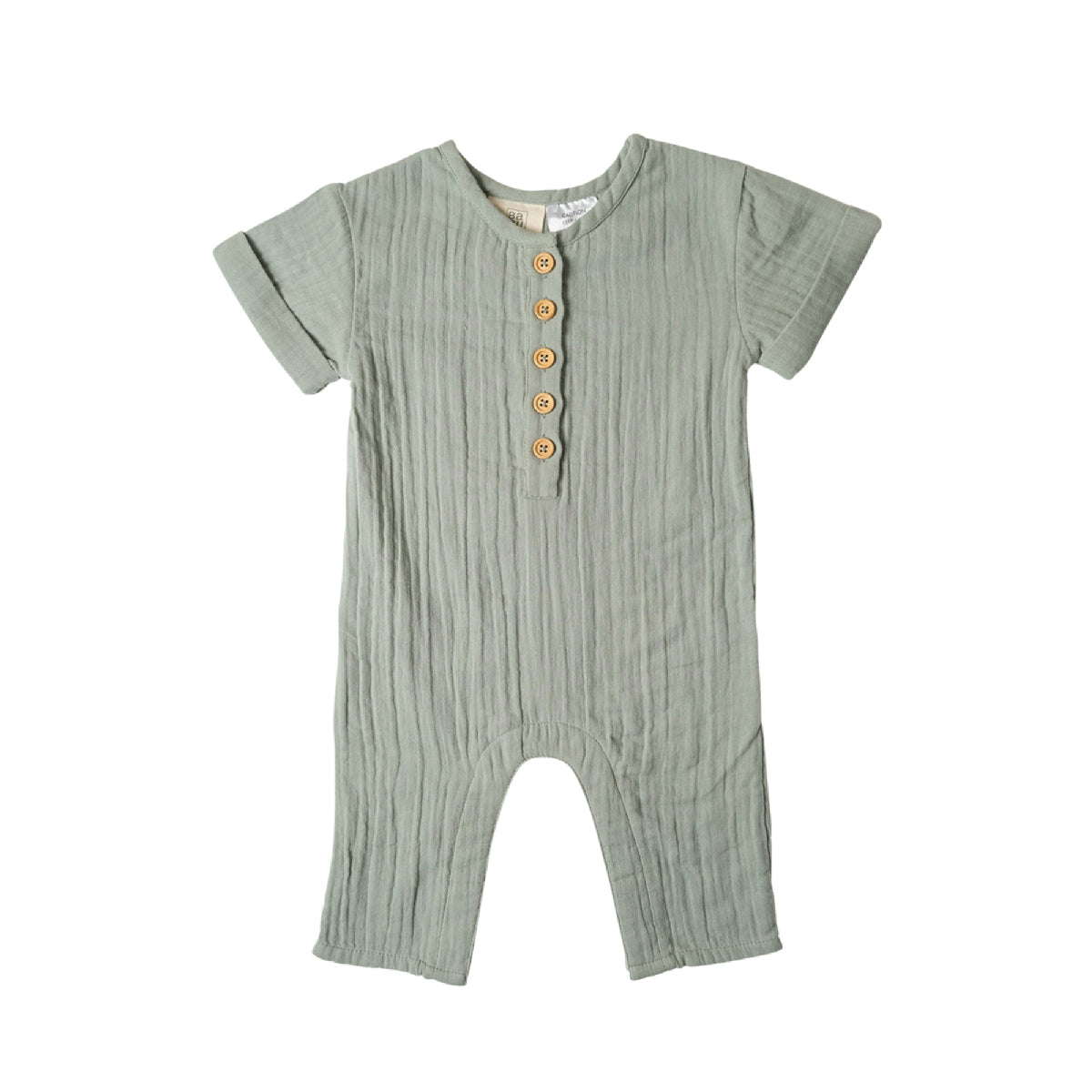Green baby romper with button details on a white background