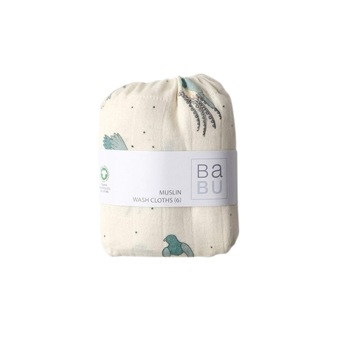 Pack of Muslin wash cloths with a brand label on a white background