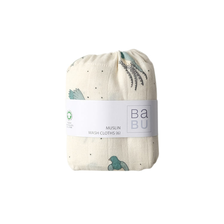 Pack of Muslin wash cloths with a brand label on a white background