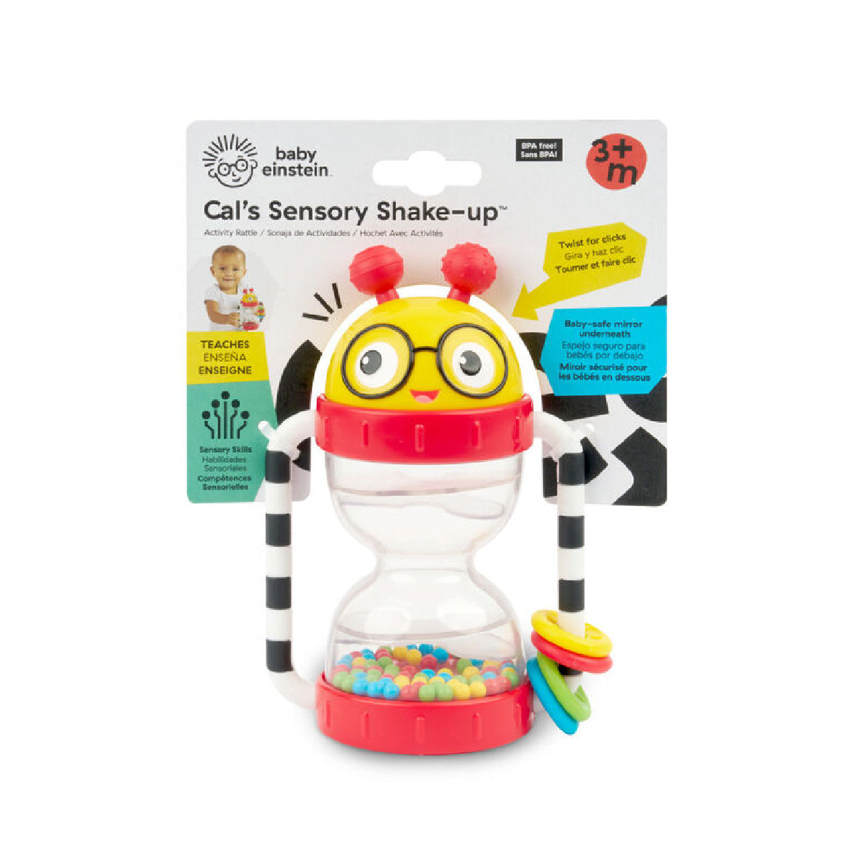 Baby Einstein Cal's Sensory Shake-up toy with packaging on a white background