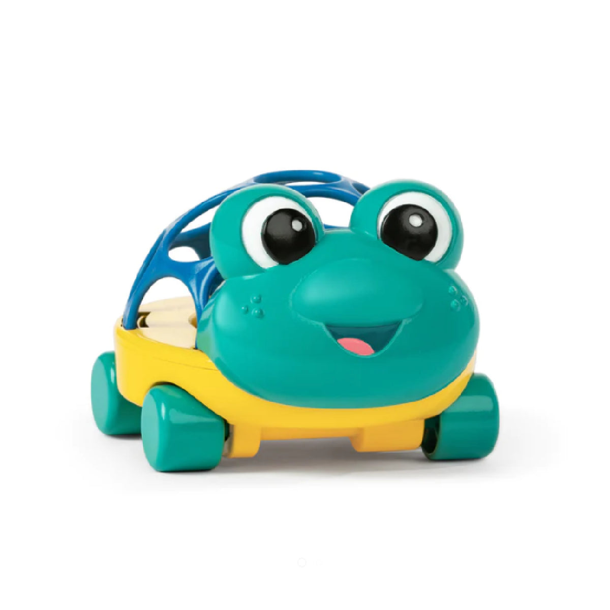 Toy frog with a blue body and yellow belly on a white background