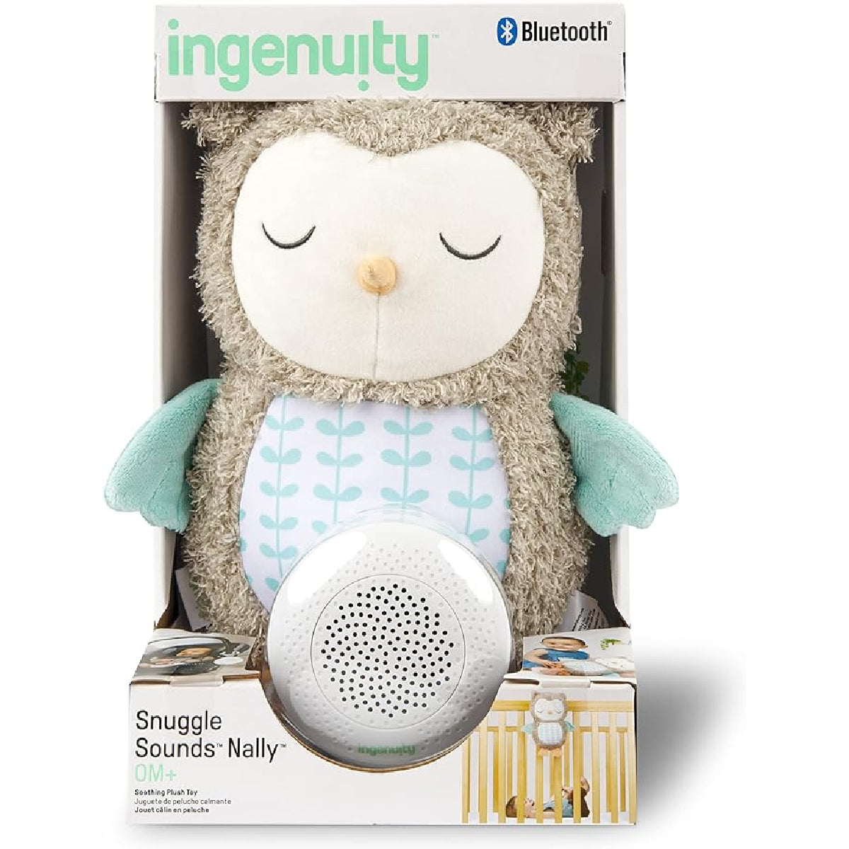 Owl-shaped plush toy with Bluetooth speaker in packaging, featuring 'ingenuity' branding.