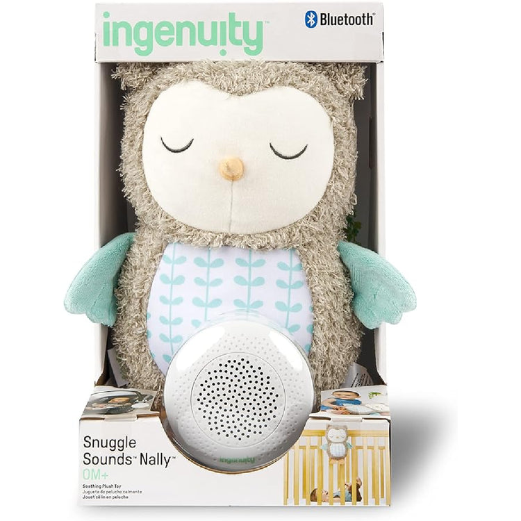 Owl-shaped plush toy with Bluetooth speaker in packaging, featuring 'ingenuity' branding.