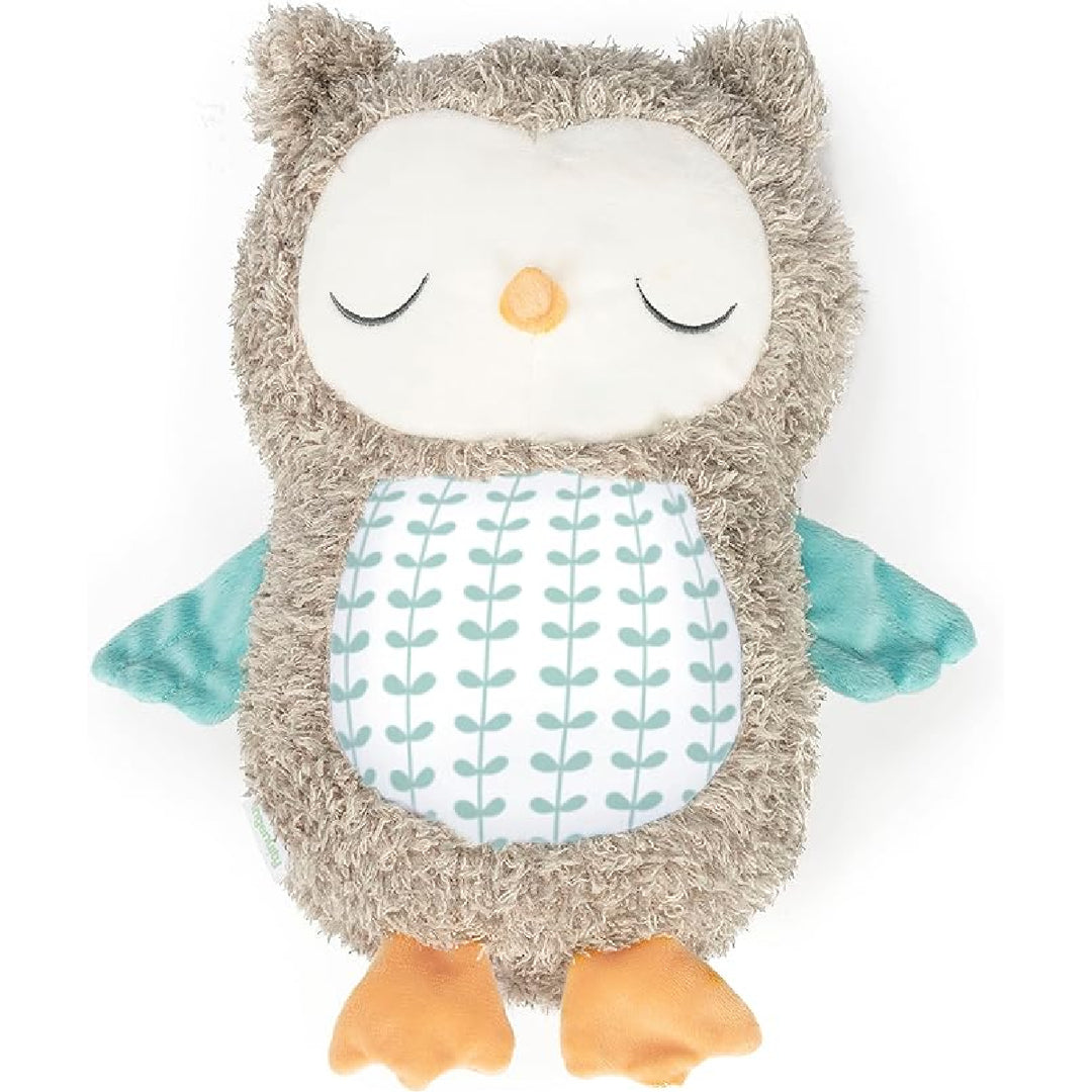 Plush owl toy with a white face, orange beak and feet, and teal wings on a white background.