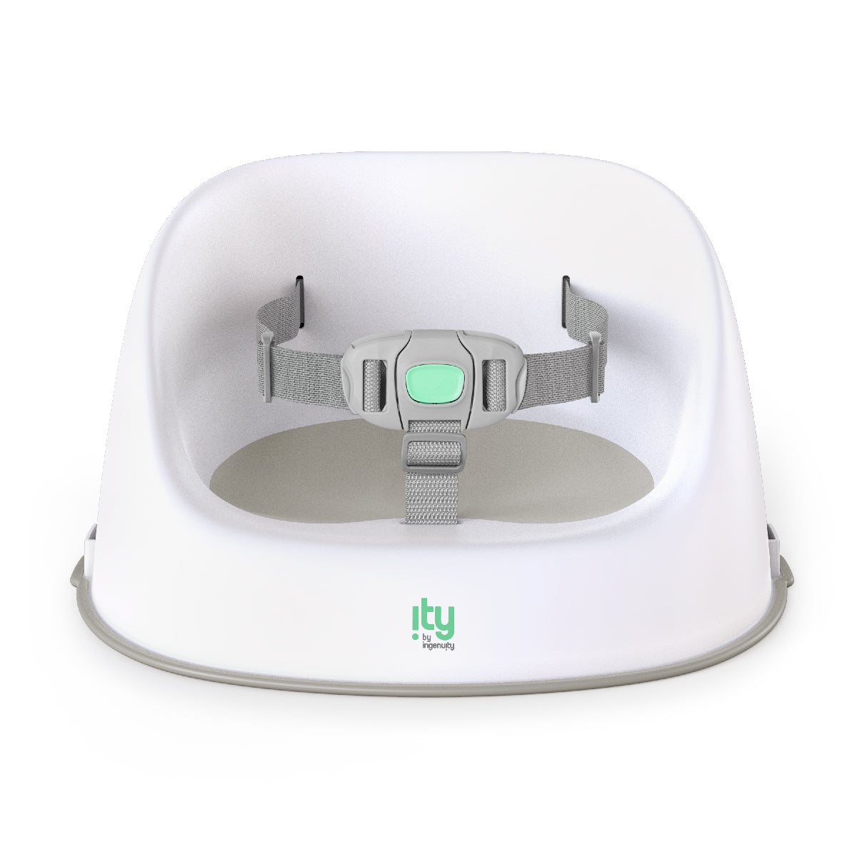 White baby seat with green button and 'ity' branding on a white background