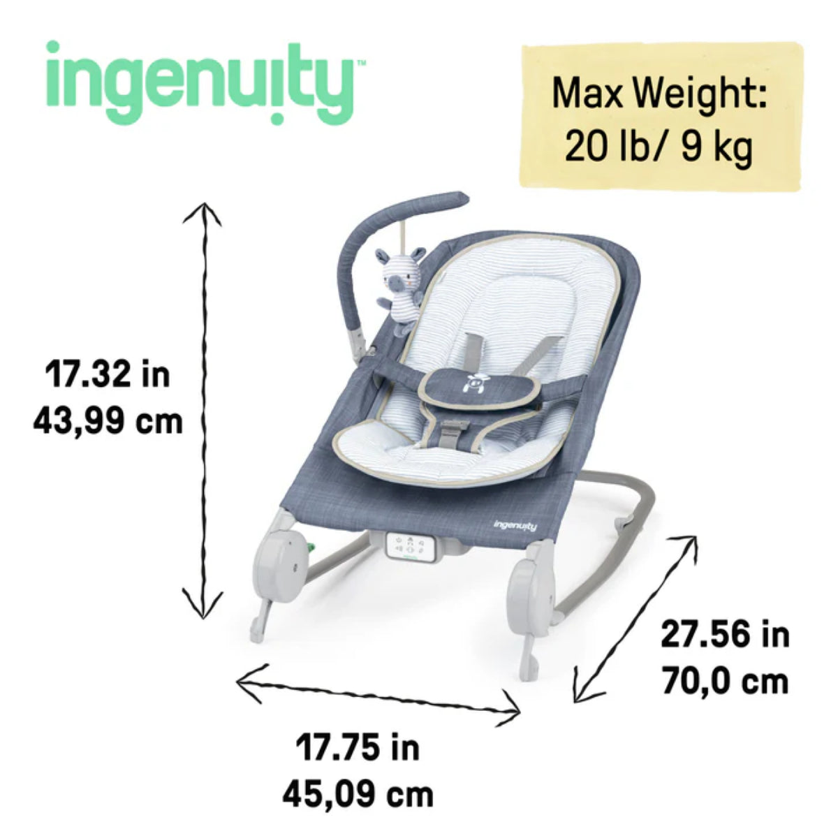 Baby bouncer with dimensions and weight capacity on a white background