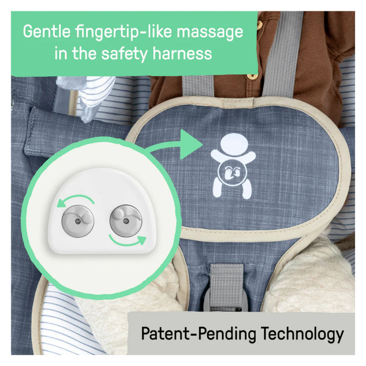 Baby safety harness with massage technology and patent-pending label