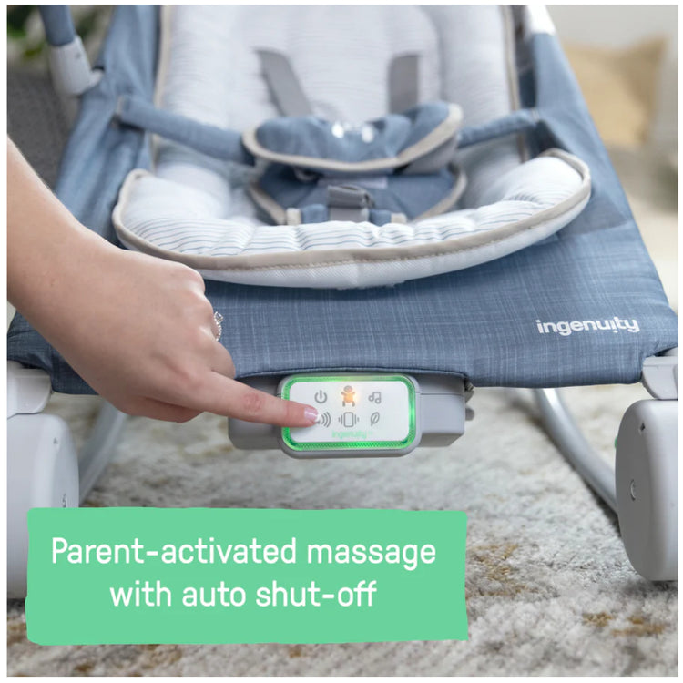 Baby bouncer with massage feature and 'ingenuity' branding