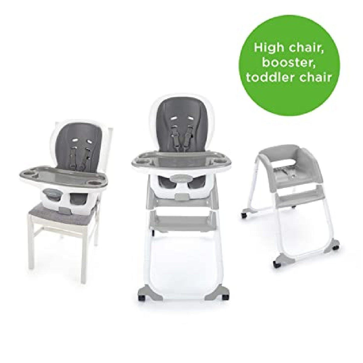 Multi-functional high chair, booster, and toddler chair on a white background