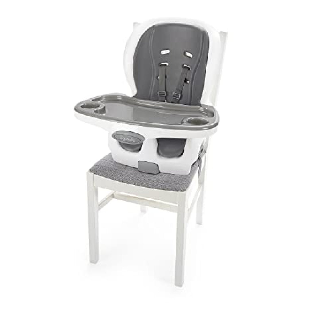 Gray and white high chair attachment on a white background