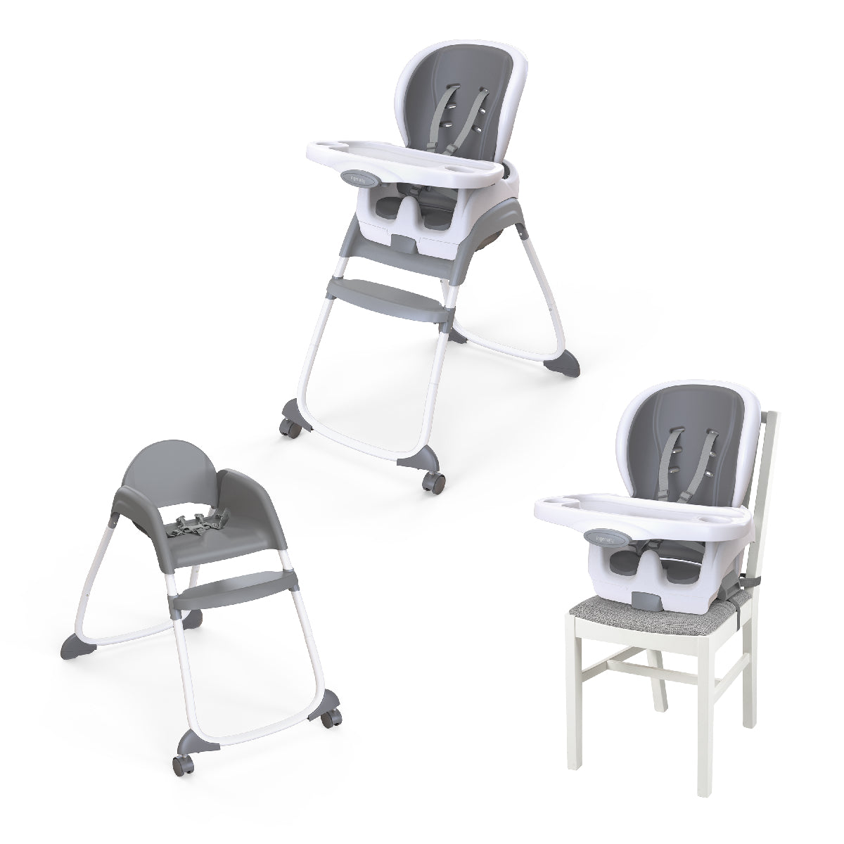 Gray and white high chair on a white background