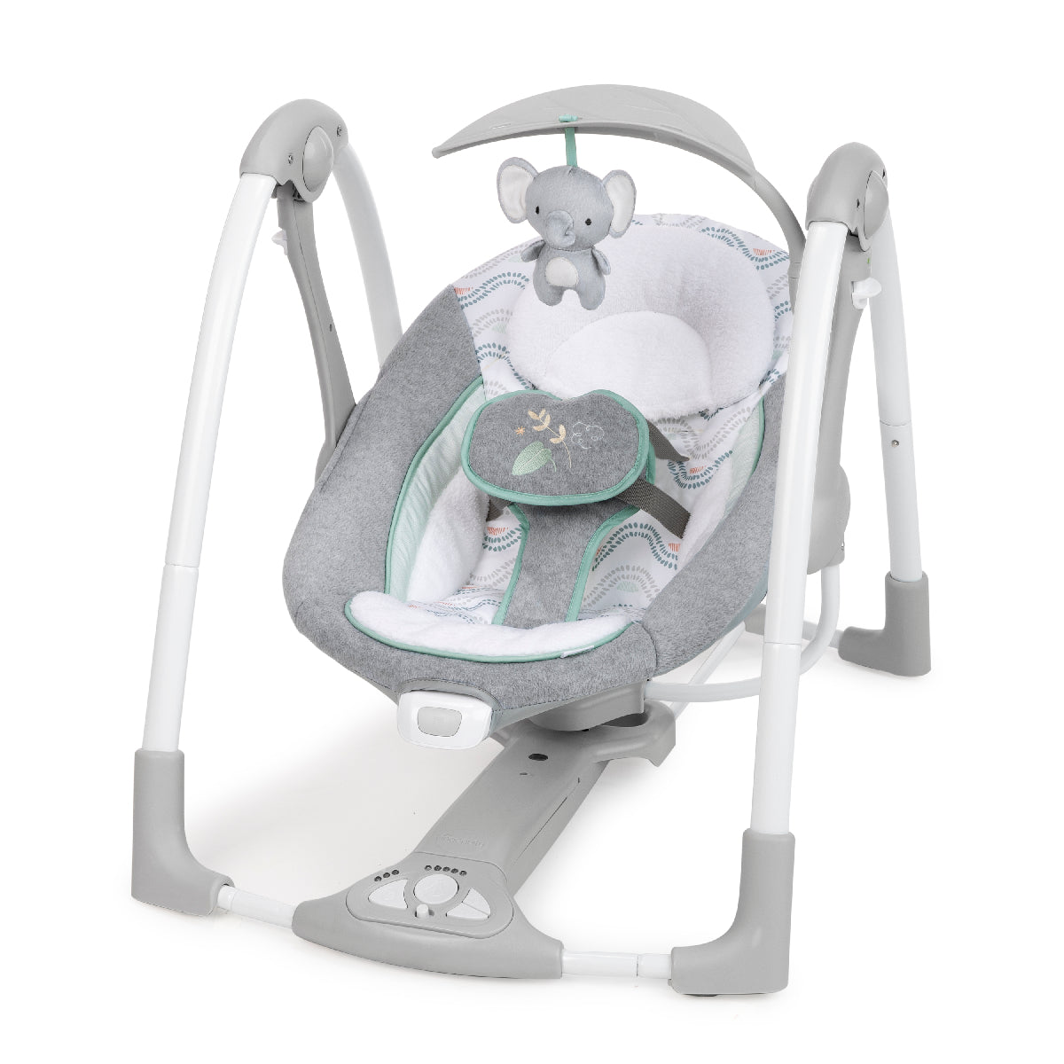 Baby swing with elephant toy on a white background