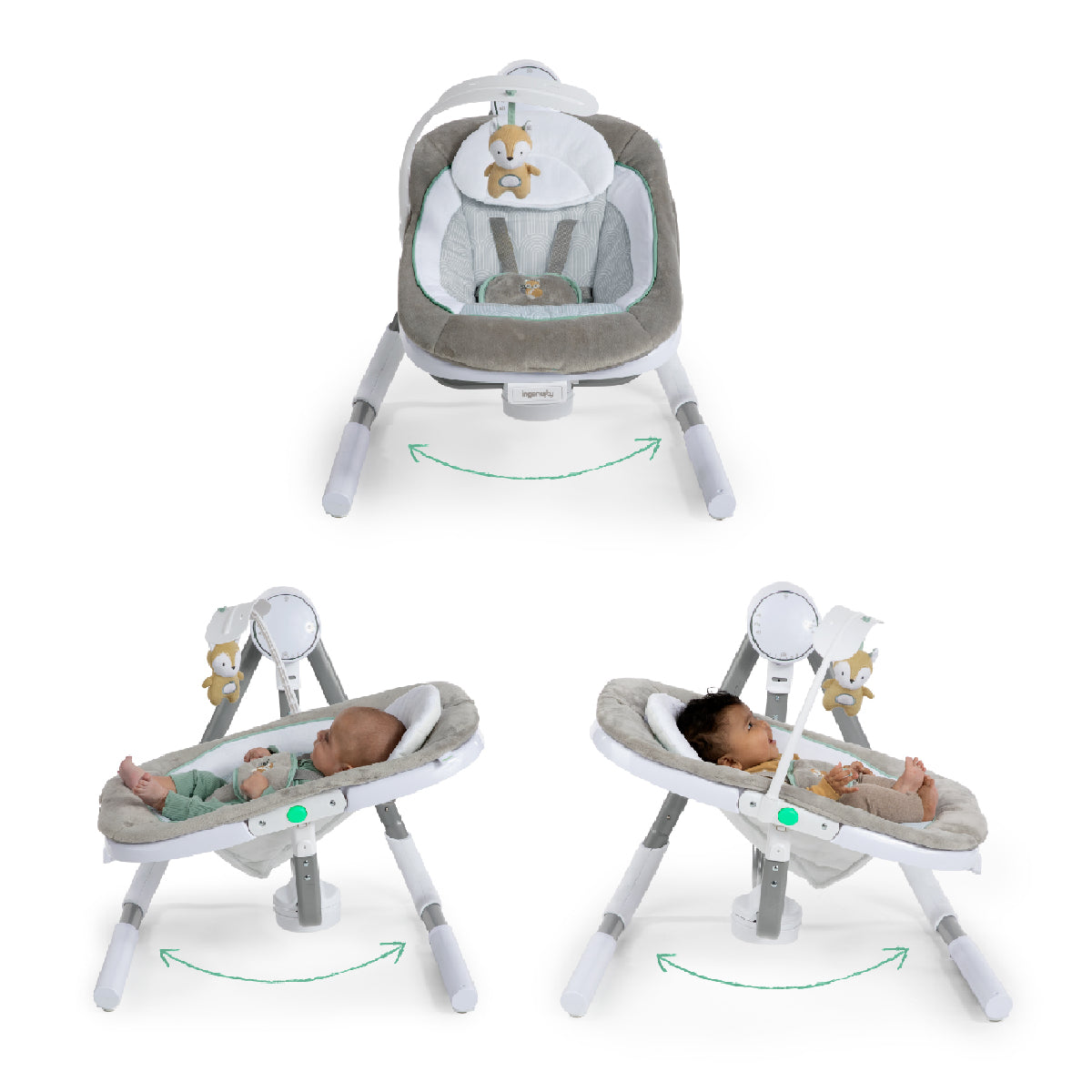 Baby bouncer chair in multiple views on a white background