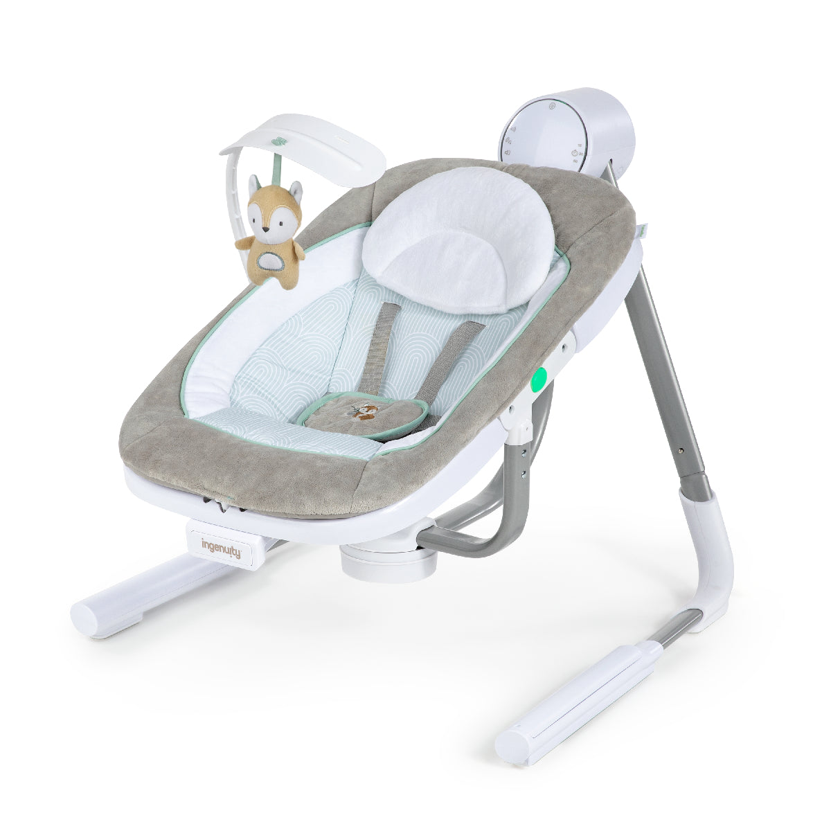 Baby swing with gray and white design on a white background