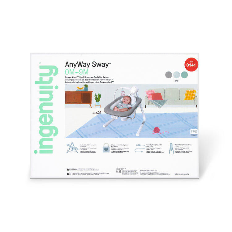 Package of ingenuity AnyWay Sway baby bouncer with product illustration and text on a white background
