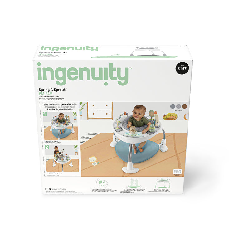 Ingenuity baby product packaging with a baby in a walker on a white background