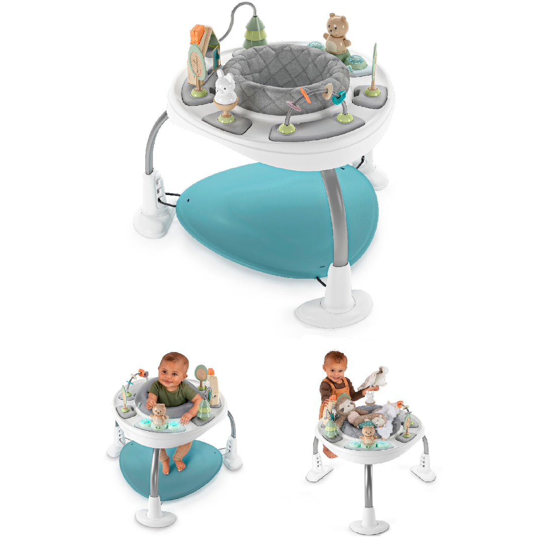 Baby activity center with toys on a white background