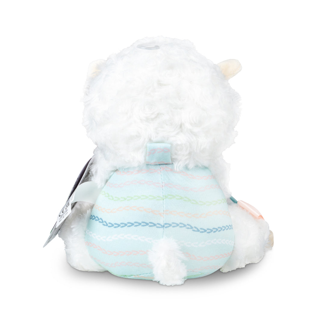 Plush toy with a striped ball on a white background
