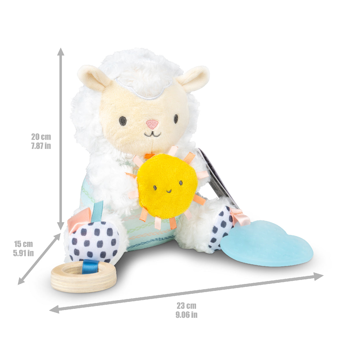 Plush toy sheep with a yellow sun and wooden ball, showing measurements on a white background