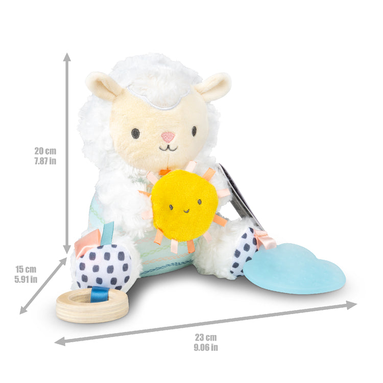Plush toy sheep with a yellow sun and wooden ball, showing measurements on a white background