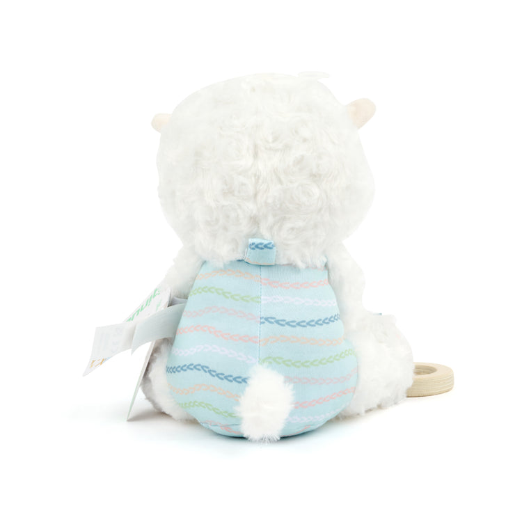 Plush toy with a white fluffy top and blue striped body on a white background
