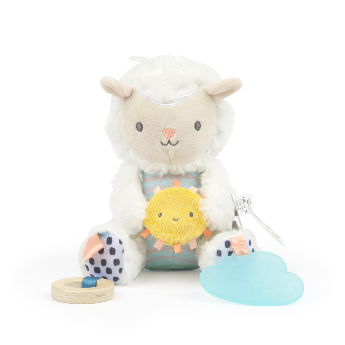 Plush toy llama with a yellow sun plushie and blue cloud plushie on a white background