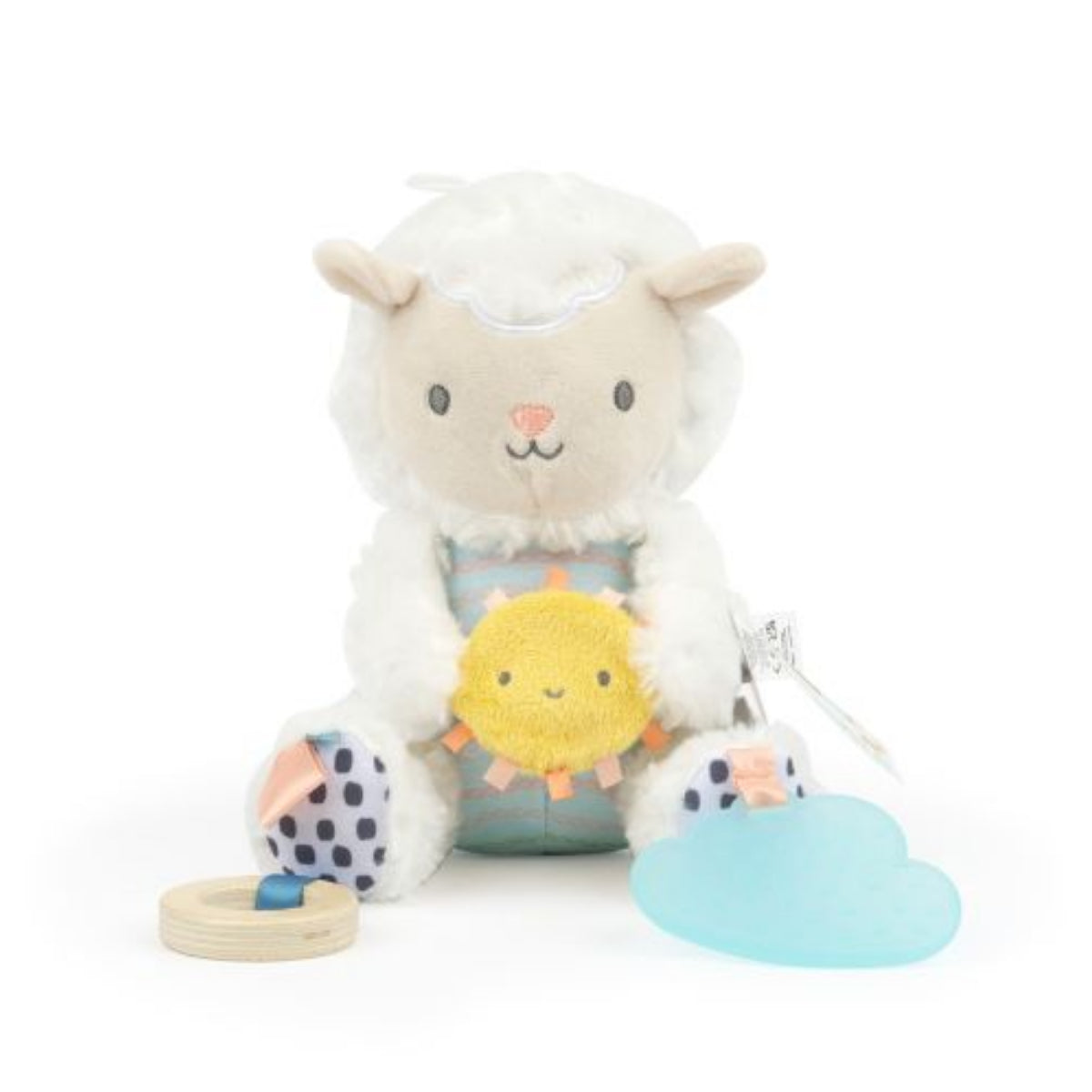 Plush toy llama with a yellow sun and blue cloud on a white background