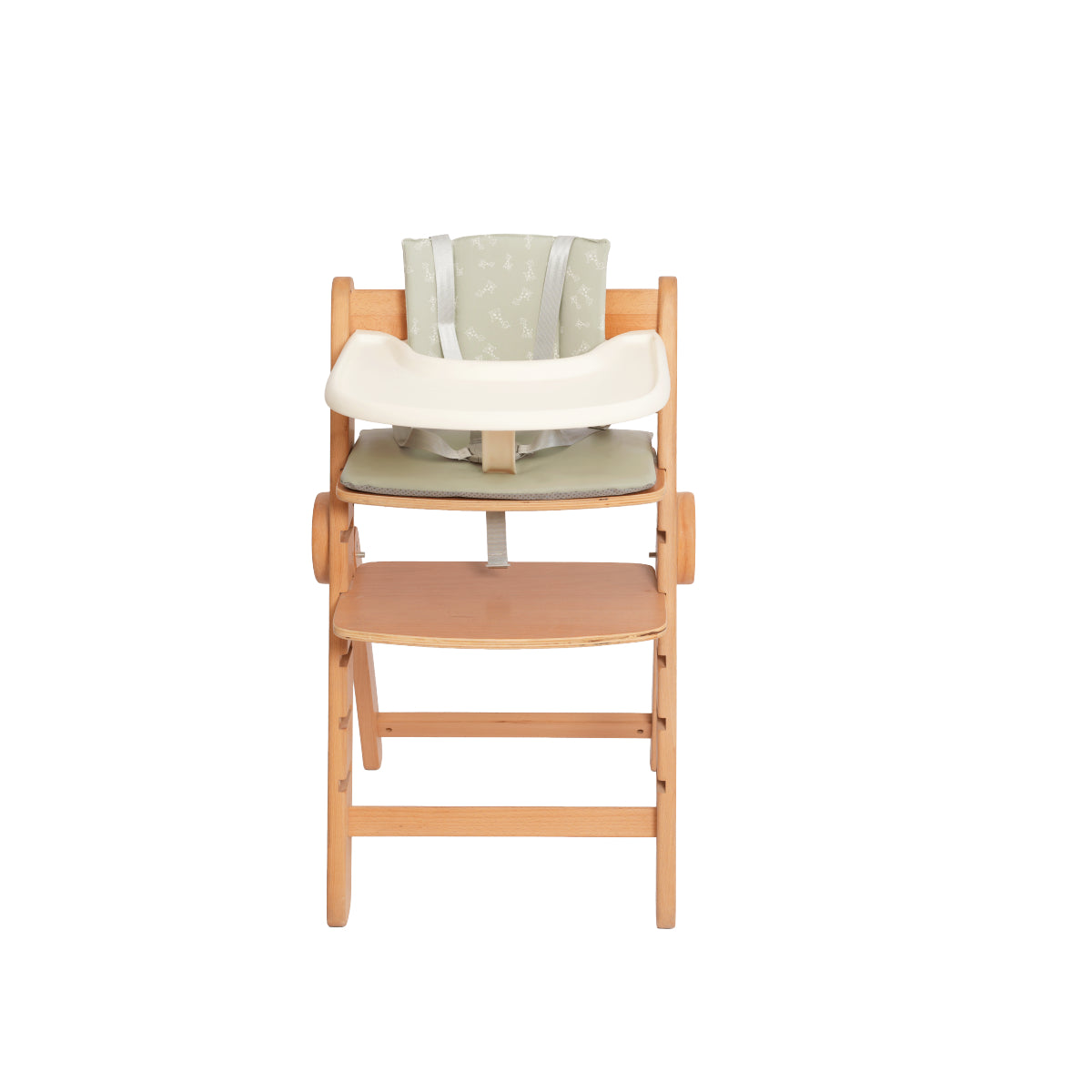 Wooden high chair with a white cushion on a white background