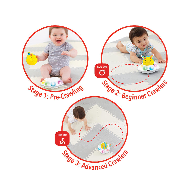 Three stages of a baby's development with corresponding toys on a white background