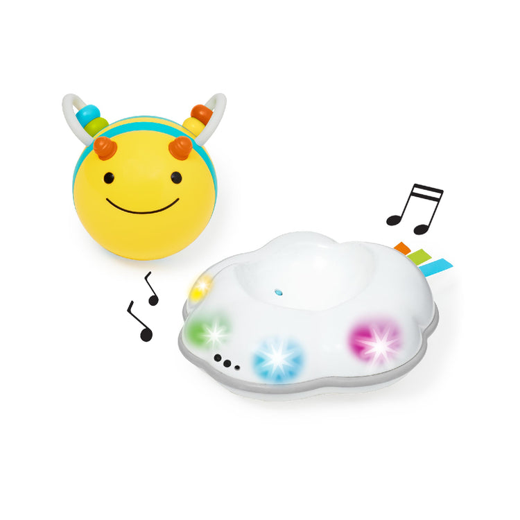 Toy cloud with a smiling face and colorful lights on a white background