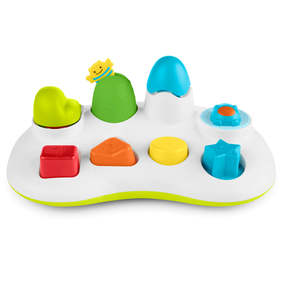 Colorful shape sorting toy with variously shaped holes on a white background