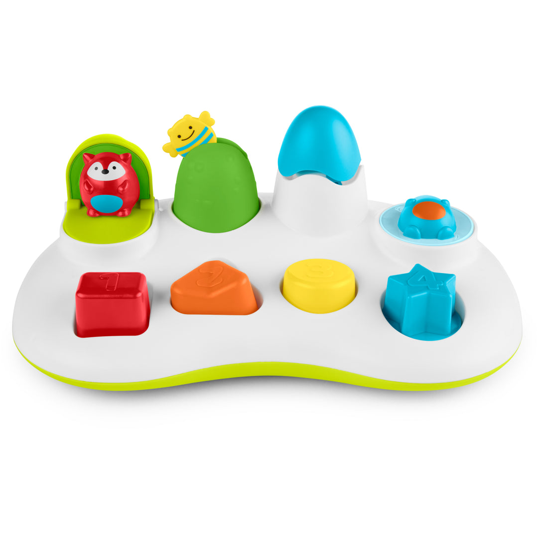 Colorful children's shape sorting toy on a white background